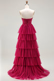 Fuchsia strapless A Line geappliqueerde korset met gelaagde ruches lange galajurk met split