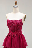 Fuchsia strapless A Line geappliqueerde korset met gelaagde ruches lange galajurk met split