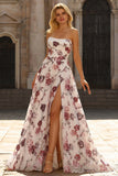 Witte rode bloemen strapless A-lijn Baskische taille lange galajurk met split