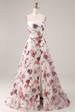 Witte rode bloemen strapless A-lijn Baskische taille lange galajurk met split