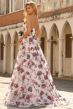 Witte rode bloemen strapless A-lijn Baskische taille lange galajurk met split
