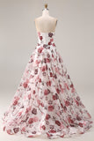 Witte rode bloemen strapless A-lijn Baskische taille lange galajurk met split
