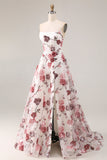 Witte rode bloemen strapless A-lijn Baskische taille lange galajurk met split