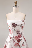 Witte rode bloemen strapless A-lijn Baskische taille lange galajurk met split