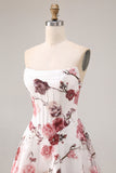 Witte rode bloemen strapless A-lijn Baskische taille lange galajurk met split