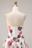 Witte rode bloemen strapless A-lijn Baskische taille lange galajurk met split