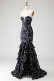 Zwarte witte stippen strapless zeemeermin korset met gelaagde ruches lange galajurk met pailletten