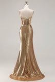 Glinsterende gouden strapless zeemeermin paillette lange galajurk met split