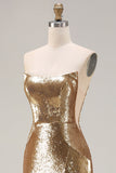 Glinsterende gouden strapless zeemeermin paillette lange galajurk met split