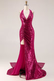 Glinsterende Fuchsia Zeemeermin Halter Halter Rugloos Lange Galajurk Zonder Rug Met Split