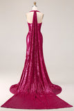 Glinsterende Fuchsia Zeemeermin Halter Halter Rugloos Lange Galajurk Zonder Rug Met Split