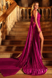 Glinsterende Fuchsia Zeemeermin Halter Halter Rugloos Lange Galajurk Zonder Rug Met Split