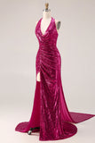 Glinsterende Fuchsia Zeemeermin Halter Halter Rugloos Lange Galajurk Zonder Rug Met Split