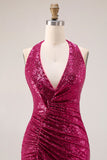 Glinsterende Fuchsia Zeemeermin Halter Halter Rugloos Lange Galajurk Zonder Rug Met Split