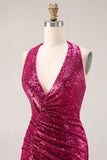 Glinsterende Fuchsia Zeemeermin Halter Halter Rugloos Lange Galajurk Zonder Rug Met Split