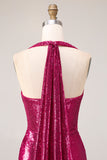 Glinsterende Fuchsia Zeemeermin Halter Halter Rugloos Lange Galajurk Zonder Rug Met Split