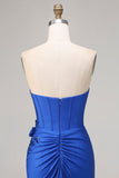 Koninklijk blauwe strapless zeemeermin 3D bloemen lange galajurk met kralen en split