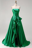 Donkergroene strapless A Line 2-delige lange galajurk met strik en split