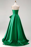 Donkergroene strapless A Line 2-delige lange galajurk met strik en split