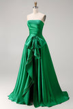 Donkergroene strapless A Line 2-delige lange galajurk met strik en split