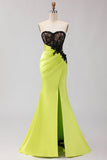 Strapless zeemeermin zwart groen geappliqueerd kant lange galajurk met split