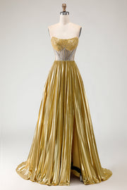 Metallic gouden strapless geplooide A-lijn korsetkralenjurk met lange galajurk met split