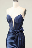 Marine zeemeermin strapless kralen korset gerimpeld lange prom jurk met strik
