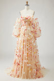 Champagne strapless A-lijn 3D bloemen plusmaat lange galajurk met afneembare mouwen