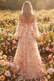 Champagne strapless A Line tule Convertible Long Prom jurk met 3D bloemen