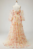 Champagne strapless A-lijn 3D bloemen plusmaat lange galajurk met afneembare mouwen