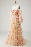 Champagne strapless A-lijn 3D bloemen plusmaat lange galajurk met afneembare mouwen