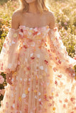 Champagne strapless A Line tule Convertible Long Prom jurk met 3D bloemen