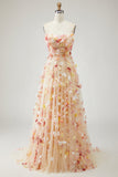 Champagne strapless A-lijn 3D bloemen plusmaat lange galajurk met afneembare mouwen