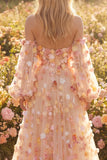 Champagne strapless A Line tule Convertible Long Prom jurk met 3D bloemen