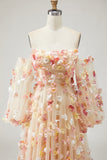 Champagne strapless A-lijn 3D bloemen plusmaat lange galajurk met afneembare mouwen