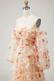 Champagne strapless A-lijn 3D bloemen plusmaat lange galajurk met afneembare mouwen