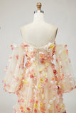 Champagne strapless A-lijn 3D bloemen plusmaat lange galajurk met afneembare mouwen