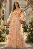 Champagne strapless A-lijn 3D Bloemen tule lange galajurk met afneembare mouwen