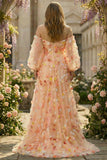Champagne strapless A-lijn 3D Bloemen tule lange galajurk met afneembare mouwen