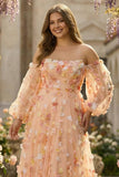 Champagne strapless A-lijn 3D bloemen plusmaat lange galajurk met afneembare mouwen