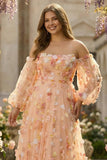 Champagne strapless A-lijn 3D Bloemen tule lange galajurk met afneembare mouwen