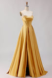 Gouden strapless satijnen A-lijn korset lange galajurk
