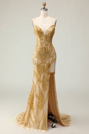 Gouden zeemeermin Sweetheart kralen lange Prom jurk met split