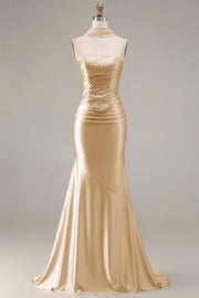 Champagne strapless zeemeermin-kralenbezet converteerbare lange galajurk