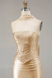 Champagne strapless zeemeermin-kralenbezet converteerbare lange galajurk