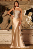 Strapless champagne tweedelig meermin-kralenbezette lange galajurk met een halssjaal