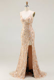Champagnekralen meerminnen pailletten veter achterop lange galajurk met split