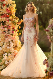 Witte roze bloemen zeemeermin pailletten korset met kralenbezet lange galajurk met kant op de rug