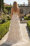 Roze bloemen strapless A-lijn korsetprint met kralenprint lange galajurk met ruches en ruches