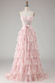 Roze bloemen strapless A-lijn korsetprint met kralenprint lange galajurk met ruches en ruches